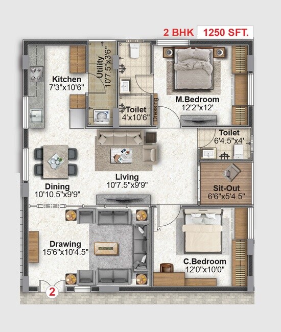 Floor plan of 2 BHK 1250 Sq. Ft. Apartment in RNR BN Reddy Residency, Hyderabad
