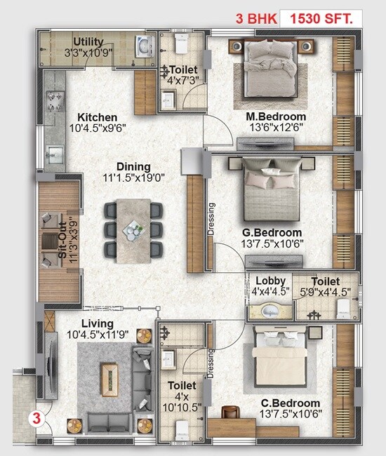 Floor plan of 3 BHK 1530 Sq. Ft. Apartment in RNR BN Reddy Residency, Hyderabad