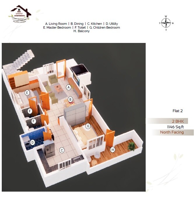 Floor plan of 2 BHK 1146 Sq. Ft. Apartment in RNR Maram Apartments, Hyderabad