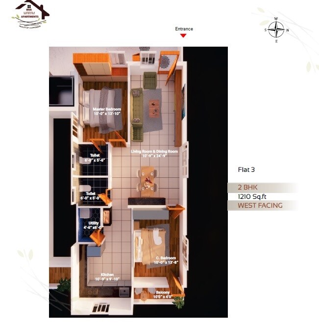 Floor plan of 2 BHK 1210 Sq. Ft. Apartment in RNR Maram Apartments, Hyderabad