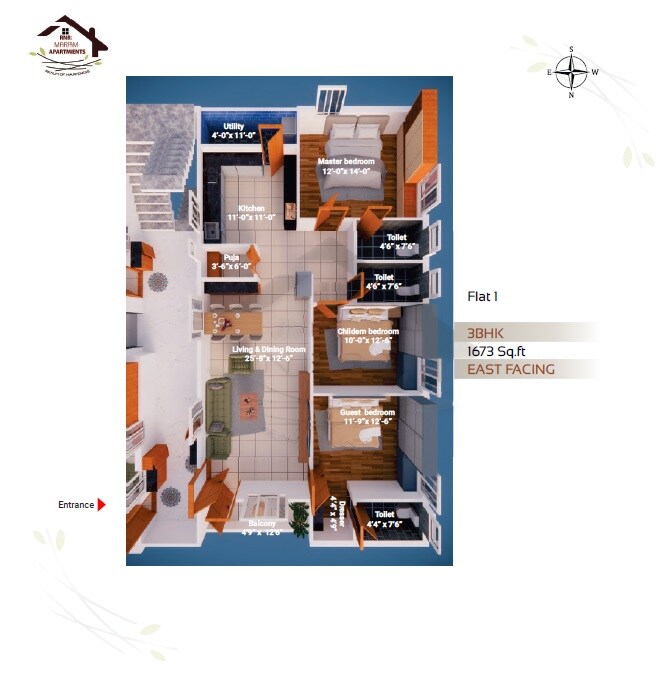 Floor plan of 3 BHK 1673 Sq. Ft. Apartment in RNR Maram Apartments, Hyderabad