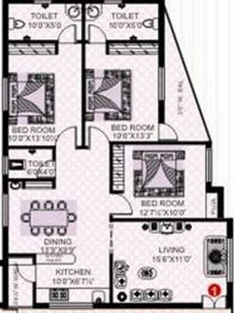 Floor plan of 3 BHK 1510 Sq. Ft. Apartment in RNR Tech Residency, Hyderabad