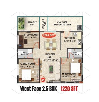 Floor plan of 2 BHK 1220 Sq. Ft. Apartment in RNR Tranquil Tower, Hyderabad