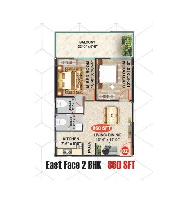 Floor plan of 2 BHK 820 Sq. Ft. Apartment in RNR Tranquil Tower, Hyderabad