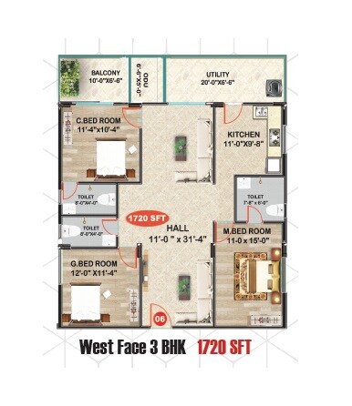 Floor plan of 3 BHK 1720 Sq. Ft. Apartment in RNR Tranquil Tower, Hyderabad