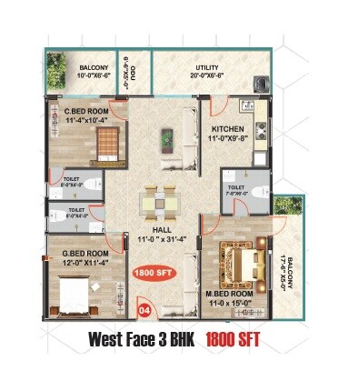 Floor plan of 3 BHK 1800 Sq. Ft. Apartment in RNR Tranquil Tower, Hyderabad