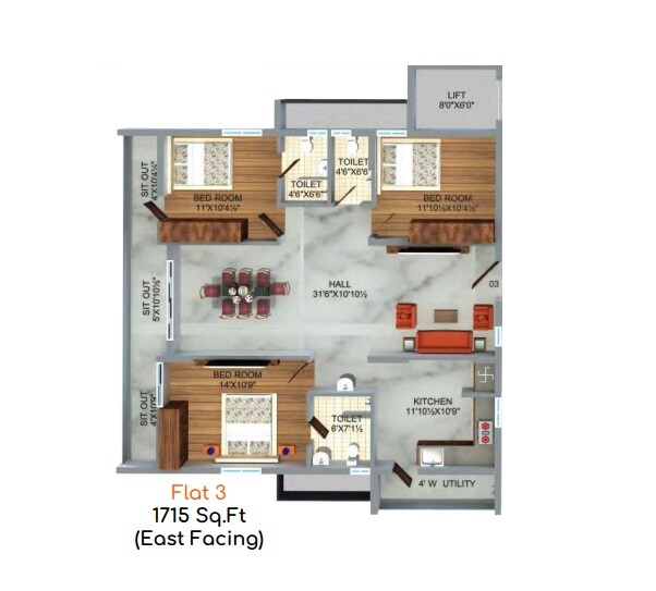 Floor plan of 3 BHK 1715 Sq. Ft. Apartment in Rock Hilton Heights, Hyderabad