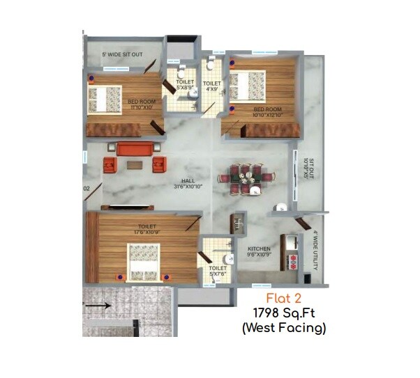 Floor plan of 3 BHK 1798 Sq. Ft. Apartment in Rock Hilton Heights, Hyderabad