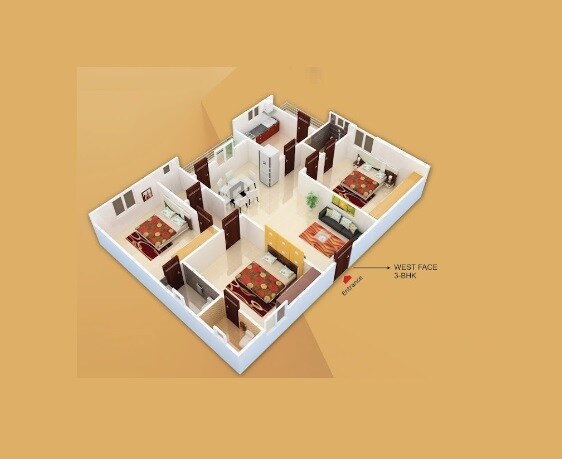Floor plan of 3 BHK 1450 Sq. Ft. Apartment in Royal Heart County, Hyderabad