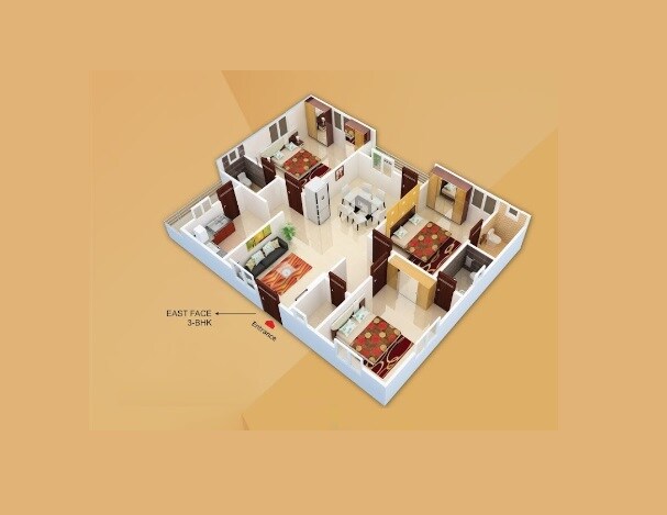 Floor plan of 3 BHK 1560 Sq. Ft. Apartment in Royal Heart County, Hyderabad