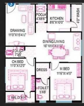 Floor plan of 2 BHK 1283 Sq. Ft. Apartment in Royal Splashing Meadows, Hyderabad