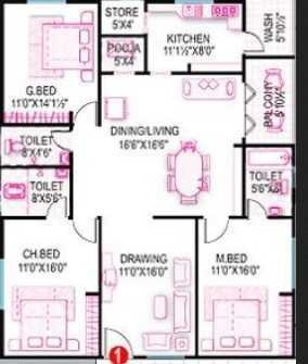 Floor plan of 3 BHK 1480 Sq. Ft. Apartment in Royal Splashing Meadows, Hyderabad