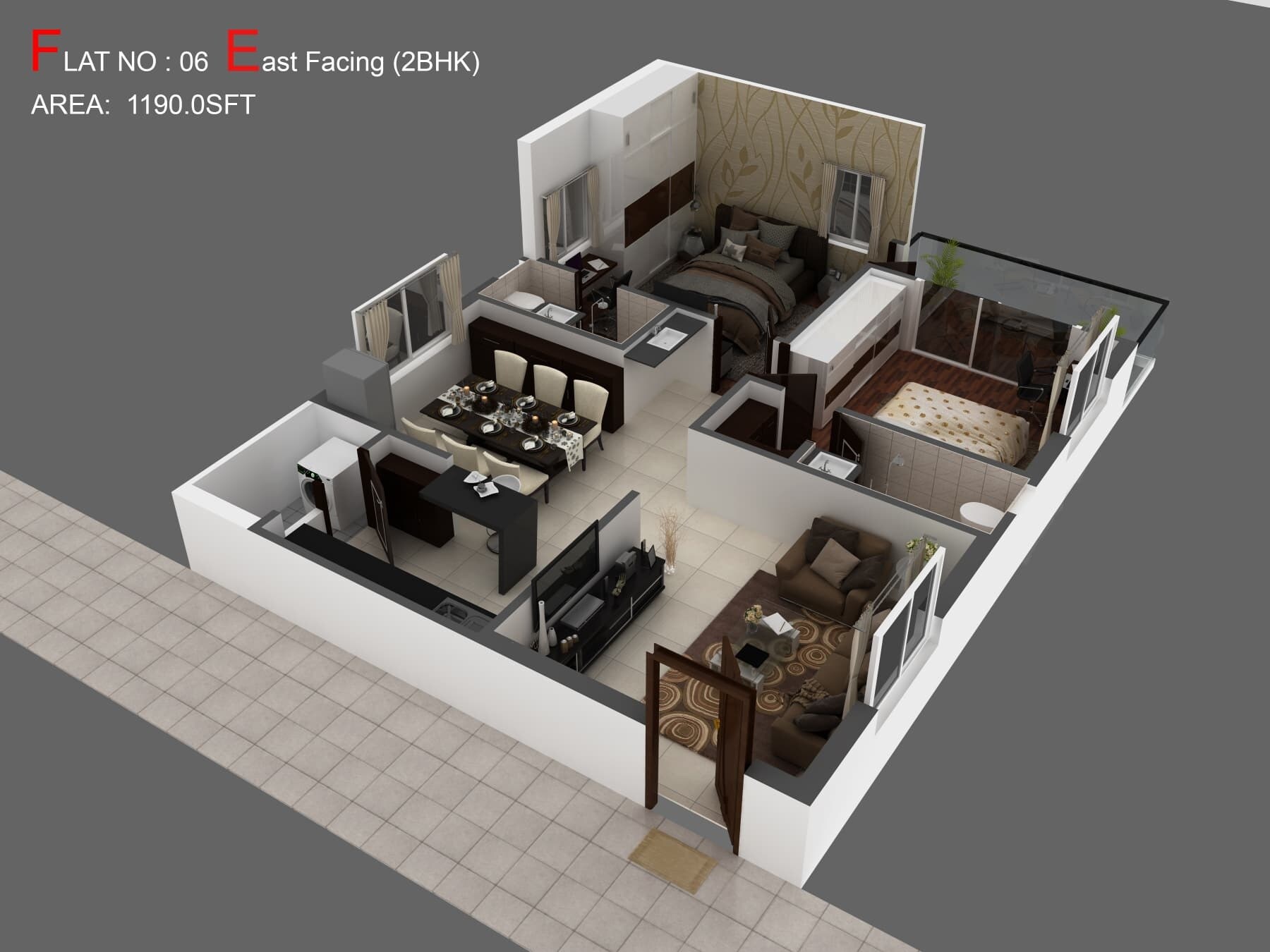 Floor plan of 2 BHK 1190 Sq. Ft. Apartment in RR Central Park Apartments, Hyderabad