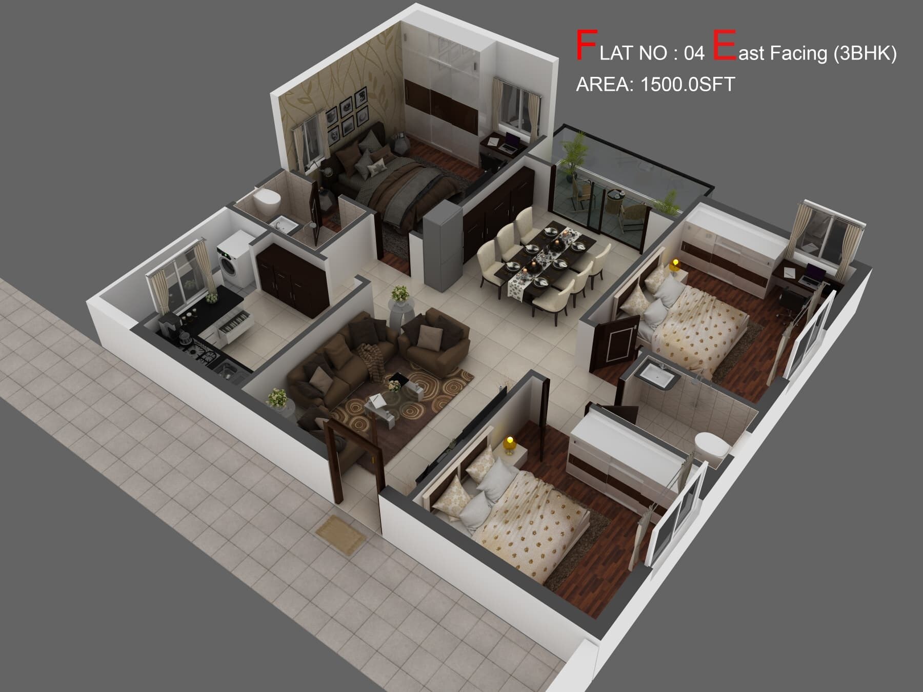 Floor plan of 3 BHK 1500 Sq. Ft. Apartment in RR Central Park Apartments, Hyderabad