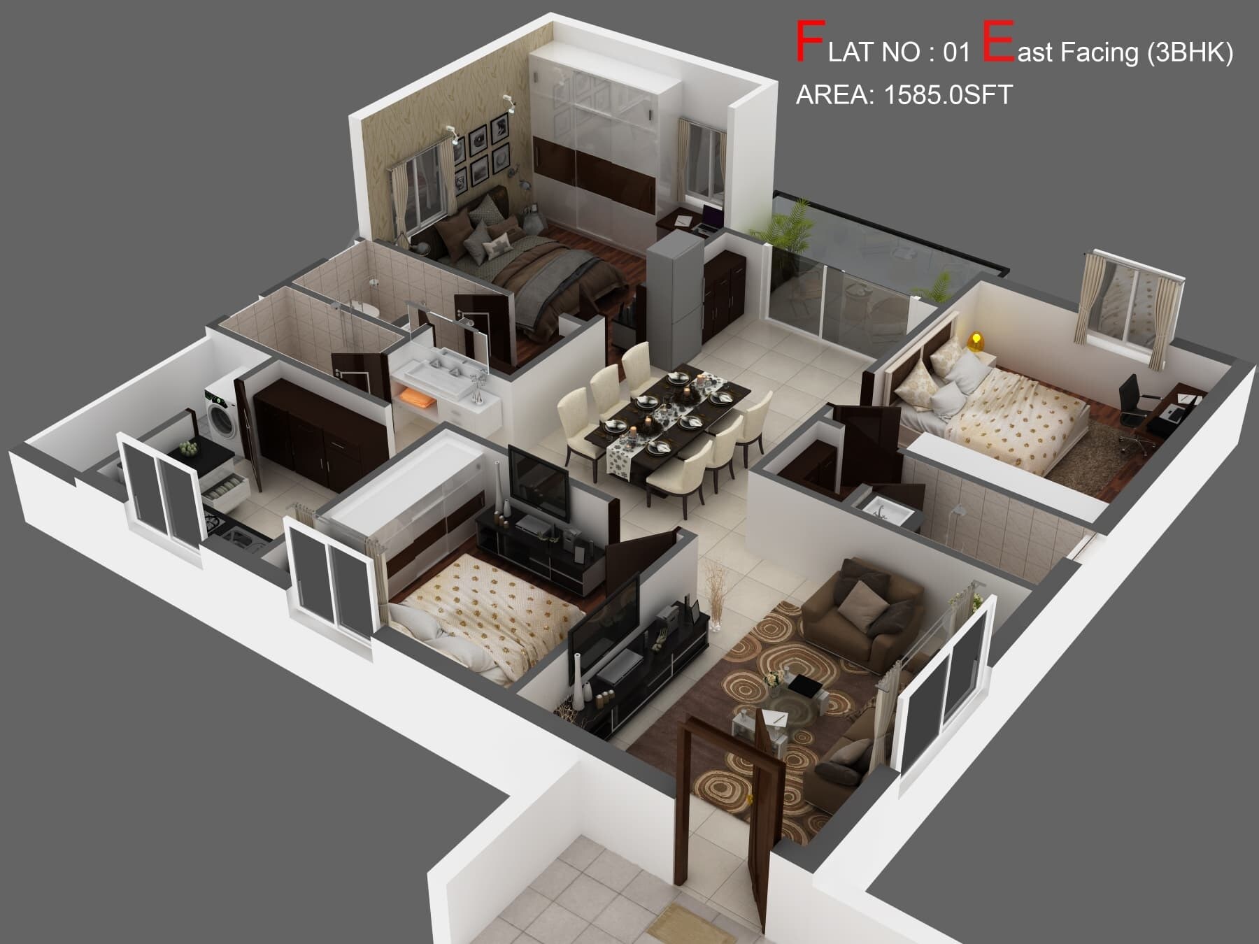 Floor plan of 3 BHK 1585 Sq. Ft. Apartment in RR Central Park Apartments, Hyderabad