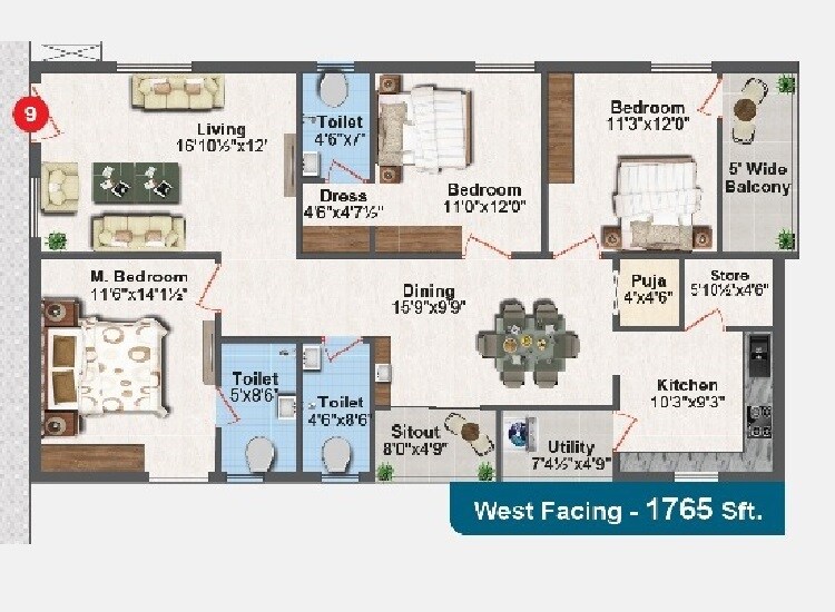 Floor plan of 3 BHK 1765 Sq. Ft. Apartment in RR Park Wood Tower, Hyderabad