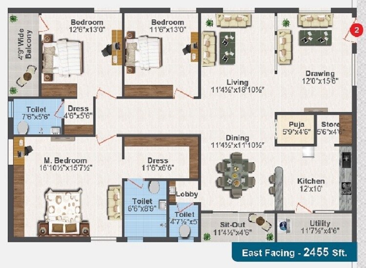Floor plan of 3 BHK 2455 Sq. Ft. Apartment in RR Park Wood Tower, Hyderabad