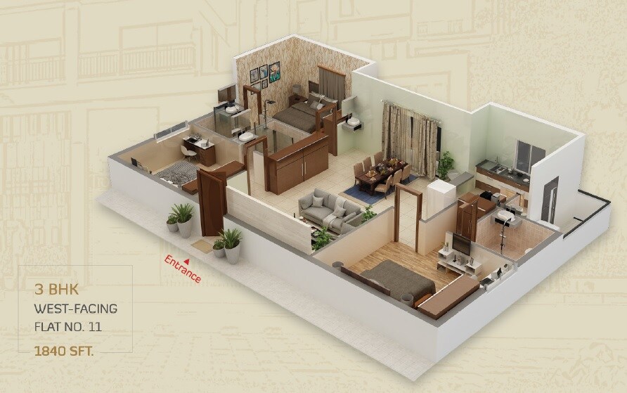3 BHK 1840 Sq. Ft. Apartment