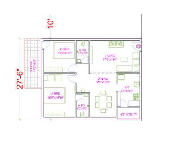 Floor plan of 2 BHK 1323 Sq. Ft. Apartment in RSR The Garden View Apartments, Hyderabad