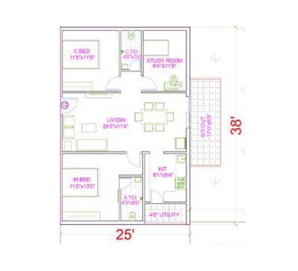 Floor plan of 2 BHK 1368 Sq. Ft. Apartment in RSR The Garden View Apartments, Hyderabad