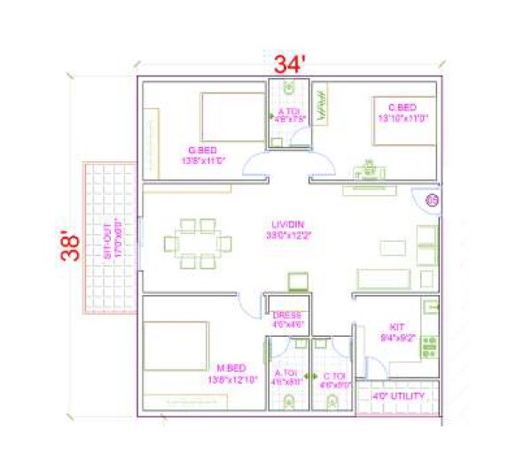 Floor plan of 3 BHK 1570 Sq. Ft. Apartment in RSR The Garden View Apartments, Hyderabad