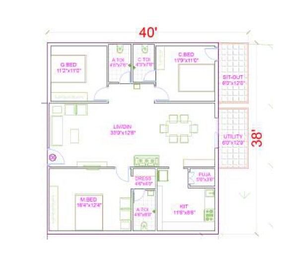 Floor plan of 3 BHK 1867 Sq. Ft. Apartment in RSR The Garden View Apartments, Hyderabad