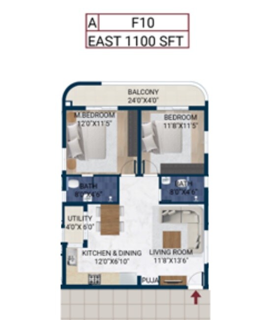 Floor plan of 2 BHK 1100 Sq. Ft. Apartment in Rubrick Tripura, Hyderabad