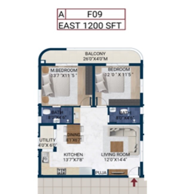 Floor plan of 2 BHK 1200 Sq. Ft. Apartment in Rubrick Tripura, Hyderabad