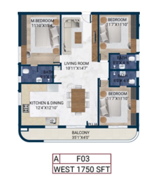 Floor plan of 3 BHK 1750 Sq. Ft. Apartment in Rubrick Tripura, Hyderabad