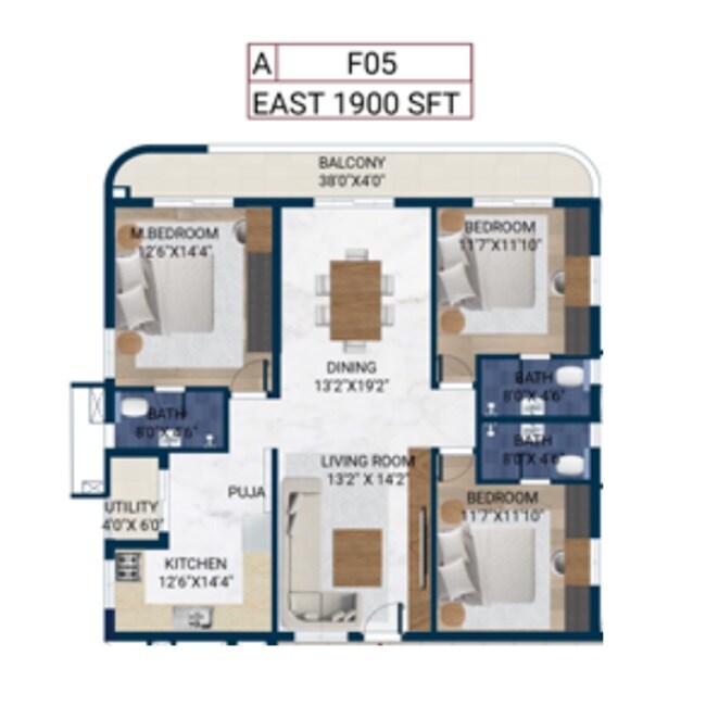 Floor plan of 3 BHK 1900 Sq. Ft. Apartment in Rubrick Tripura, Hyderabad