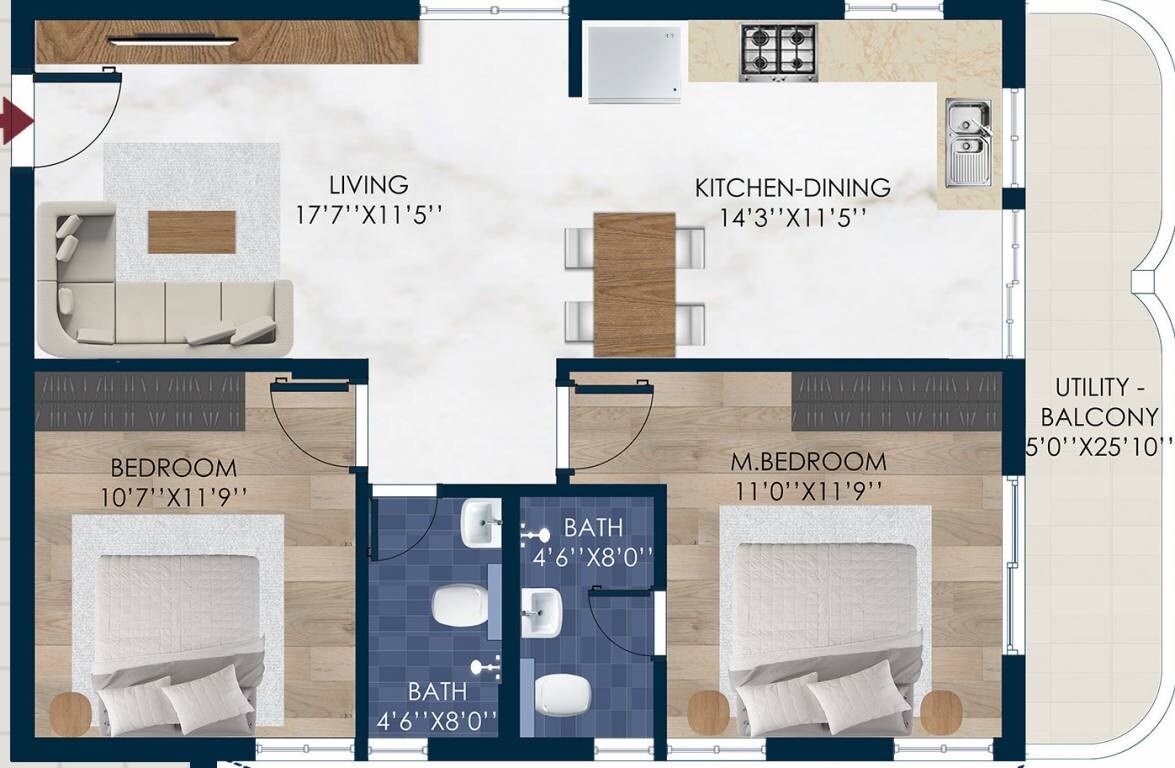 Floor plan of 2 BHK 1215 Sq. Ft. Apartment in Rubrick Tulip, Hyderabad