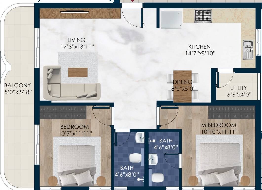 Floor plan of 2 BHK 1340 Sq. Ft. Apartment in Rubrick Tulip, Hyderabad