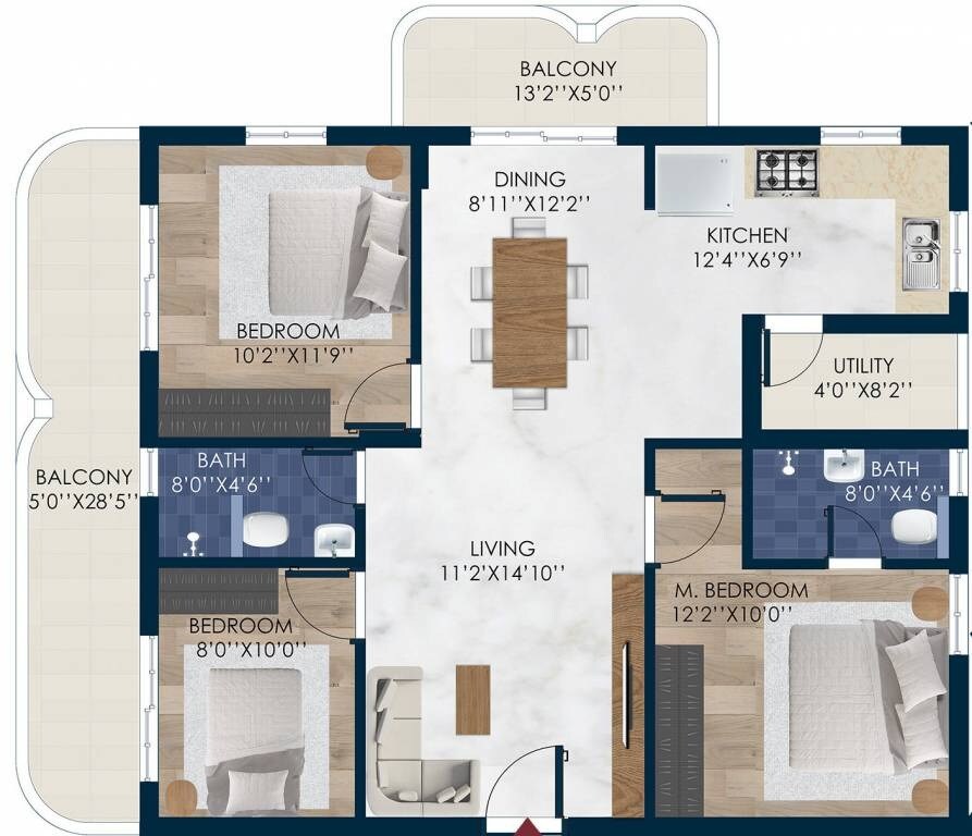 Floor plan of 3 BHK 1455 Sq. Ft. Apartment in Rubrick Tulip, Hyderabad