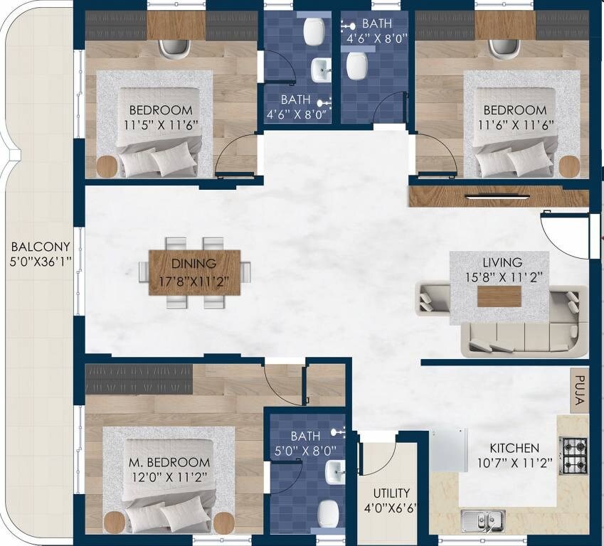 Floor plan of 3 BHK 1814 Sq. Ft. Apartment in Rubrick Tulip, Hyderabad