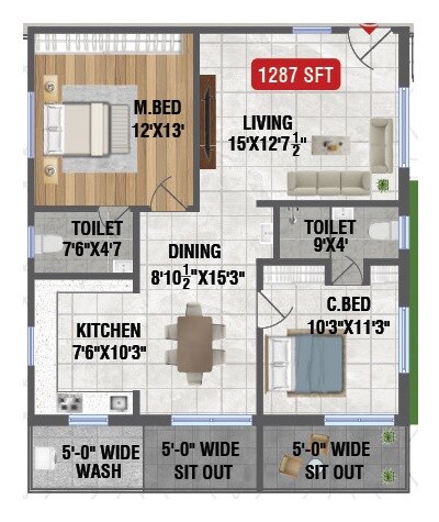 2 BHK 1287 Sq. Ft. Apartment