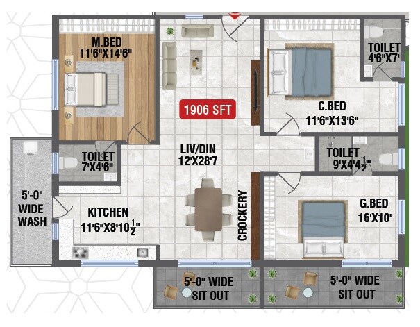 3 BHK 1906 Sq. Ft. Apartment