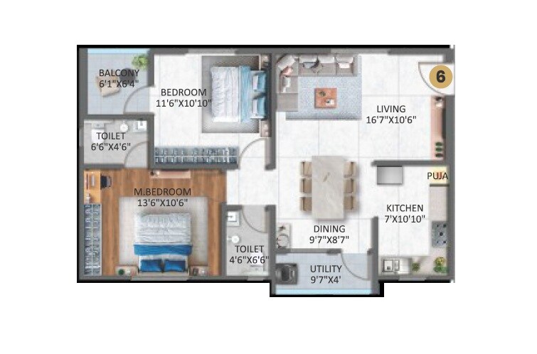 Floor plan of 2 BHK 1086 Sq. Ft. Apartment in Rudhra Estates, Hyderabad