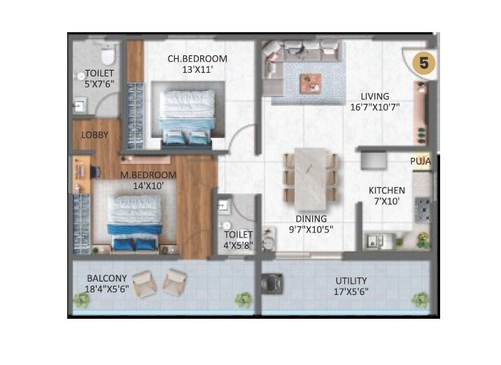 Floor plan of 2 BHK 1352 Sq. Ft. Apartment in Rudhra Estates, Hyderabad