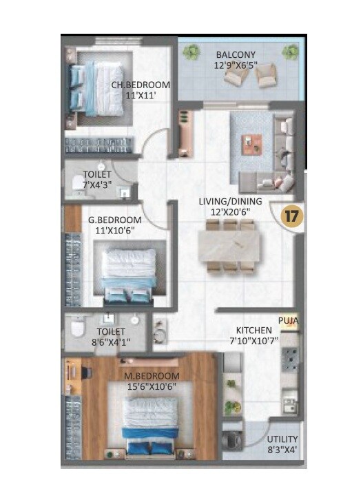 Floor plan of 3 BHK 1523 Sq. Ft. Apartment in Rudhra Estates, Hyderabad