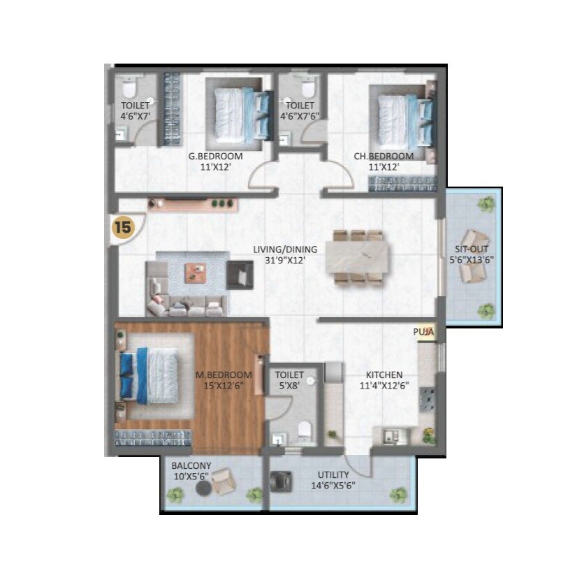 Floor plan of 3 BHK 1936 Sq. Ft. Apartment in Rudhra Estates, Hyderabad