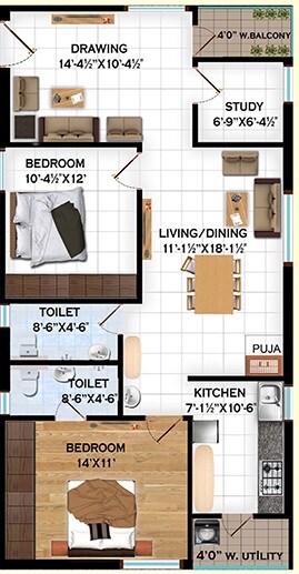 Floor plan of 2 BHK 1280 Sq. Ft. Apartment in Rudra Brindavanam, Hyderabad
