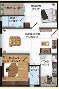 Floor plan of 2 BHK 1060 Sq. Ft. Apartment in Rudra Brindavanam, Hyderabad