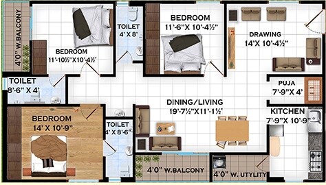 Floor plan of 3 BHK 1290 Sq. Ft. Apartment in Rudra Brindavanam, Hyderabad