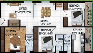 Floor plan of 3 BHK 1575 Sq. Ft. Apartment in Rudra Brindavanam, Hyderabad