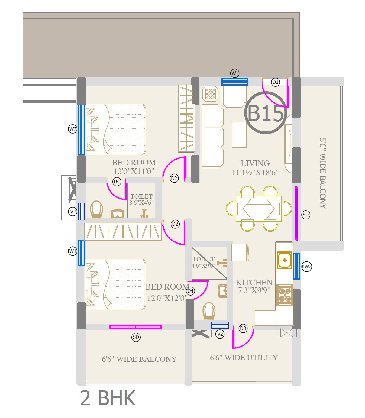Floor plan of 2 BHK 969 Sq. Ft. Apartment in RV Isira, Hyderabad
