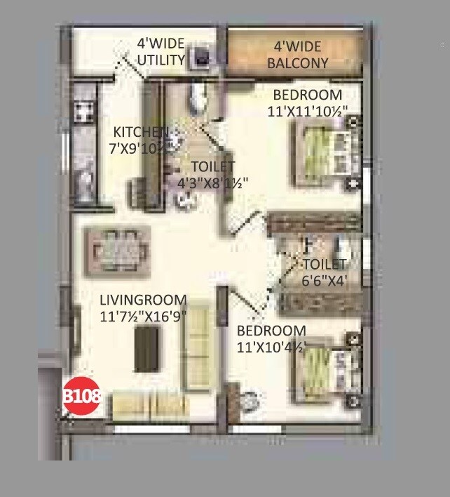 Floor plan of 2 BHK 1030 Sq. Ft. Apartment in RV Uddiipta, Hyderabad