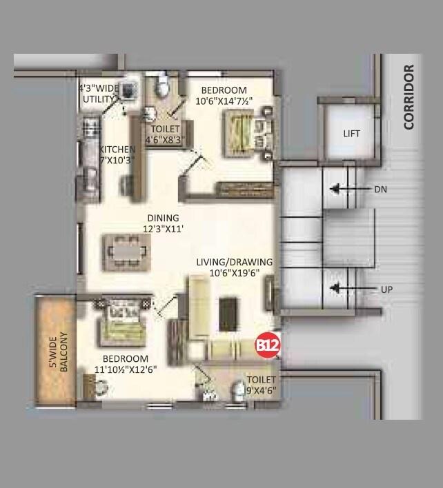 Floor plan of 2 BHK 1369 Sq. Ft. Apartment in RV Uddiipta, Hyderabad