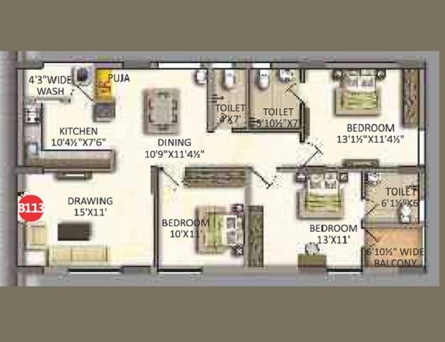 Floor plan of 3 BHK 1482 Sq. Ft. Apartment in RV Uddiipta, Hyderabad