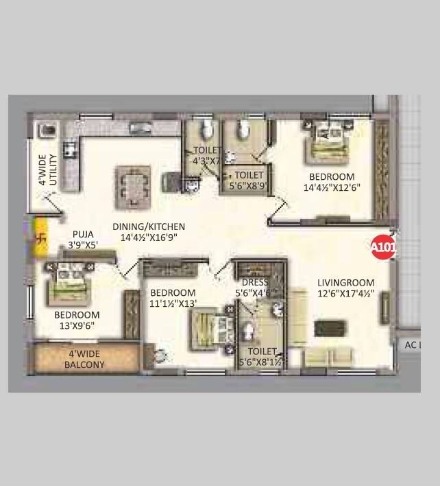 Floor plan of 3 BHK 1855 Sq. Ft. Apartment in RV Uddiipta, Hyderabad