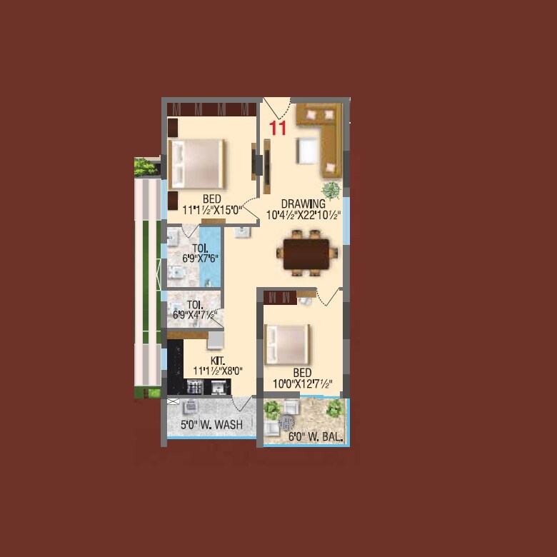 Floor plan of 2 BHK 1313 Sq. Ft. Apartment in RV Vibhuman, Hyderabad